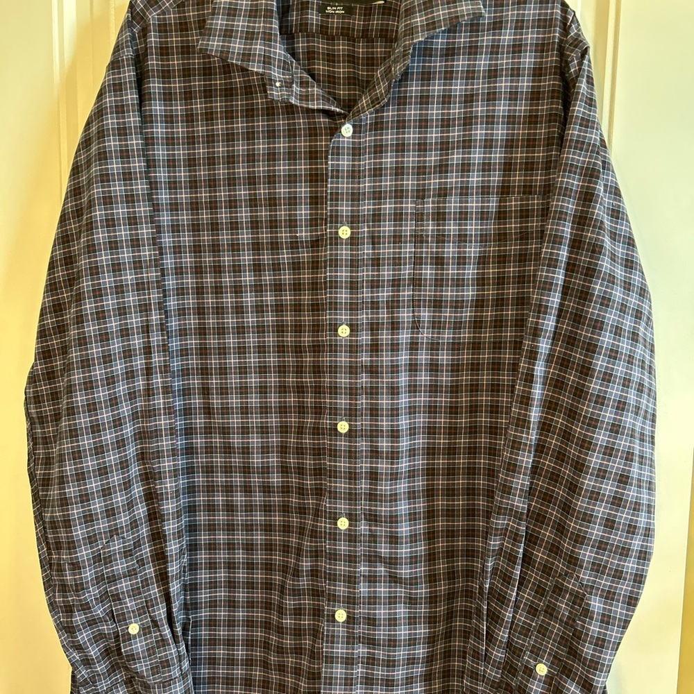 Ralph Lauren Black Label Navy Blue Plaid Button Down Slim Fit Men’s 17.5 36/37